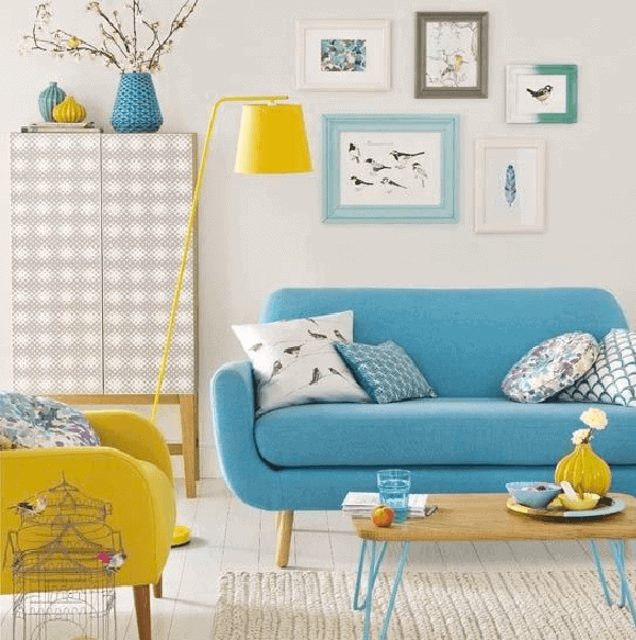 Yellow and blue living room

